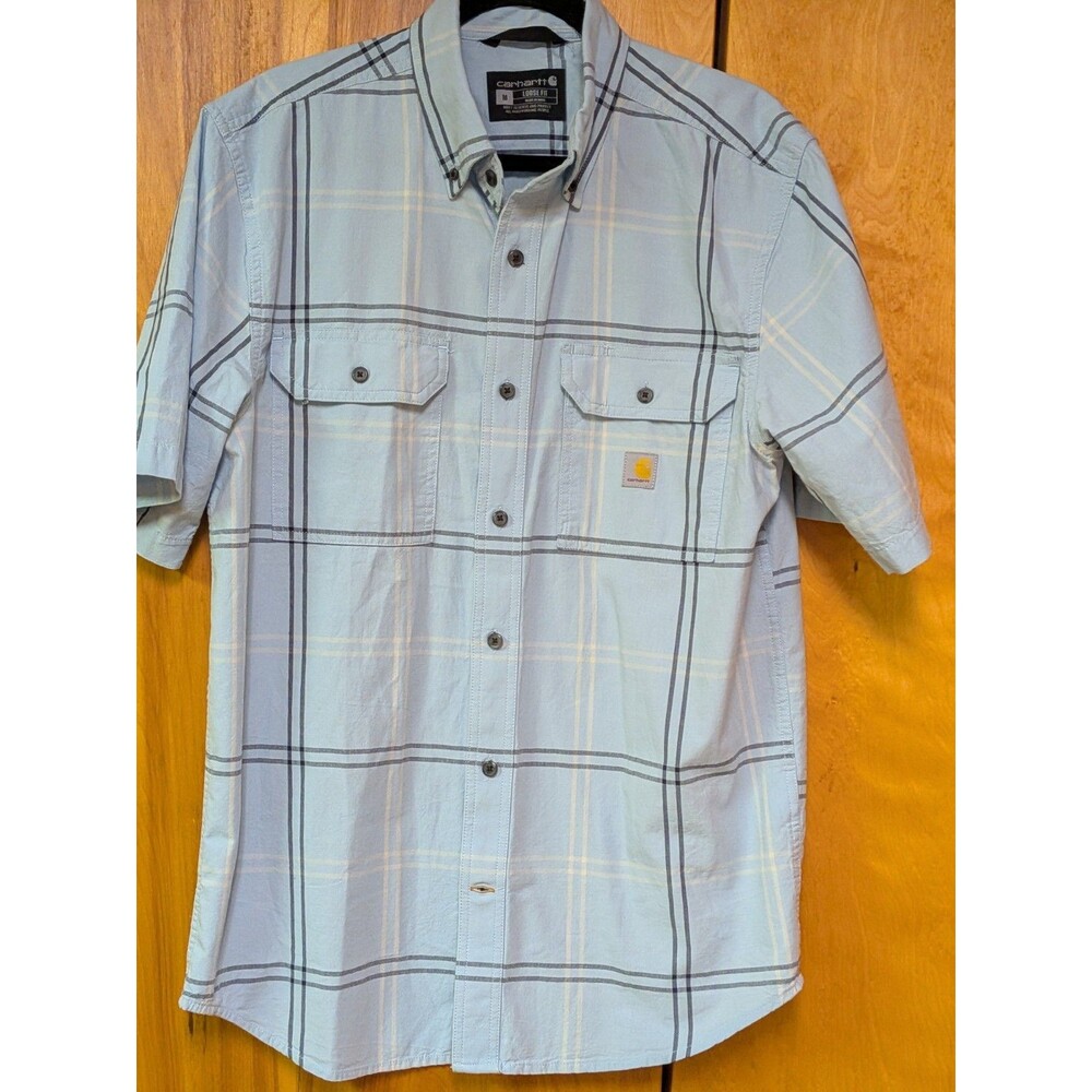 Carhartt Button Up Shirt Short Sleeve Men's Medium Blue Plaid Relaxed Fit Flex
